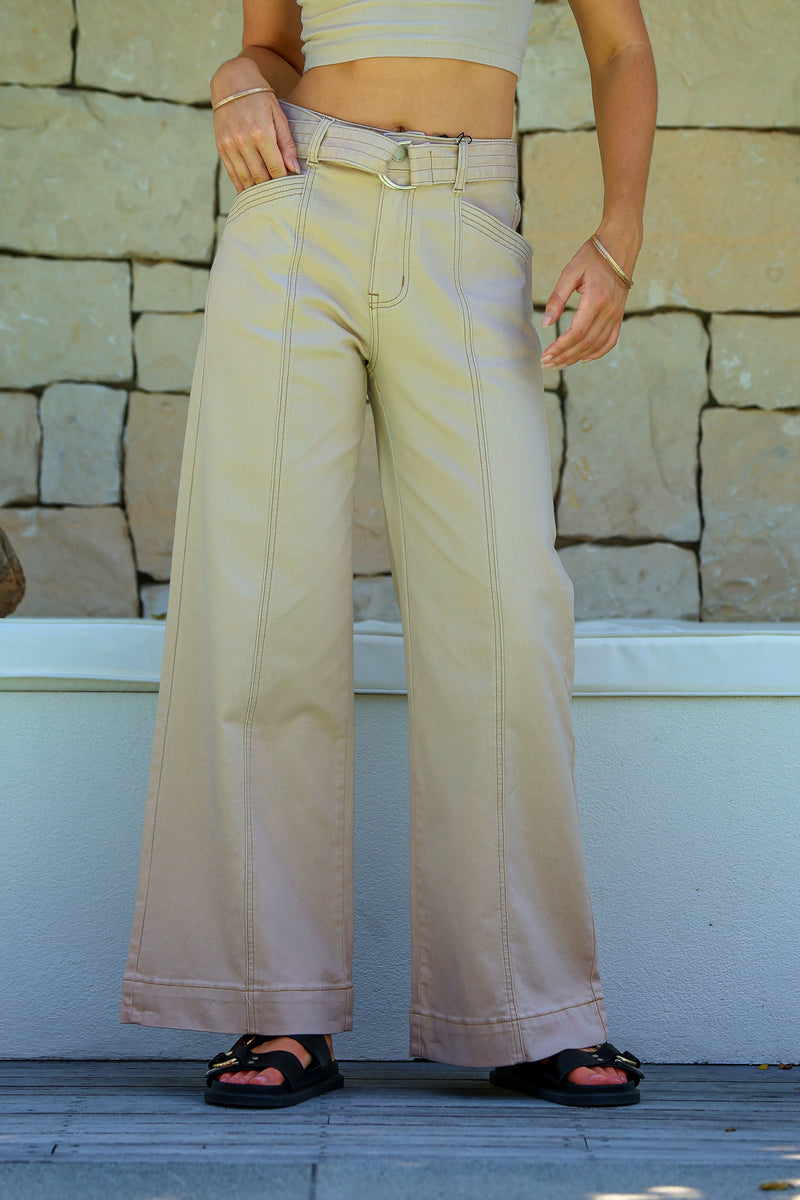 Indiana Stretch Wide Leg Belted Jean - Oatmeal