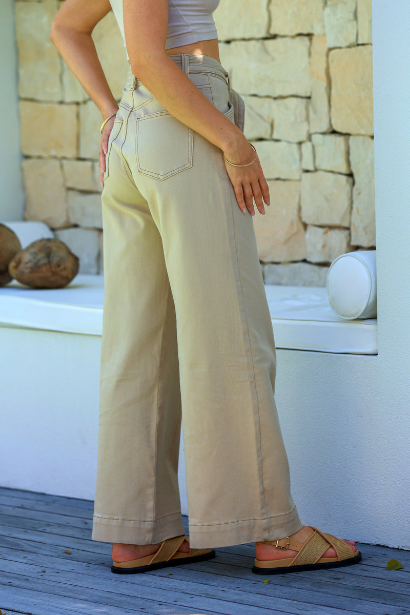 Indiana Stretch Wide Leg Belted Jean - Oatmeal