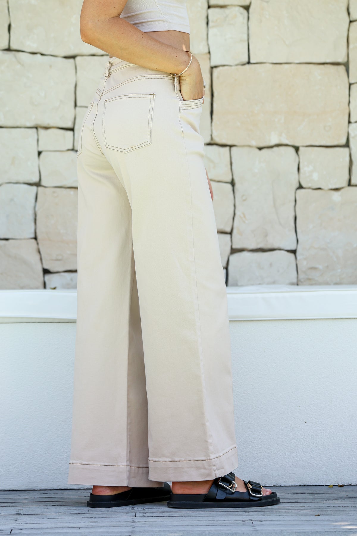 Indiana Stretch Wide Leg Belted Jean ~ Cream Latte