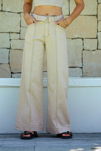 Indiana Stretch Wide Leg Belted Jean ~ Cream Latte