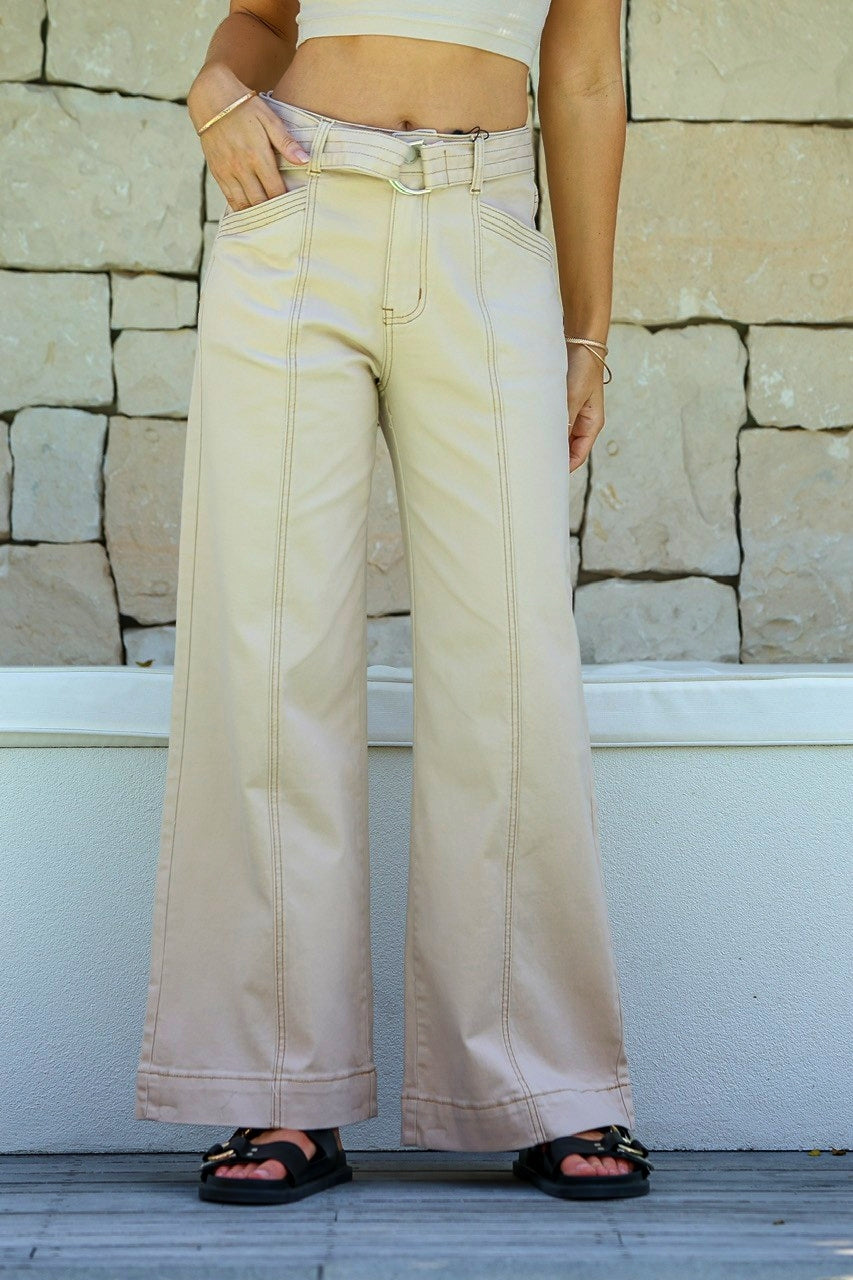 Indiana Stretch Wide Leg Belted Jean ~ Cream Latte