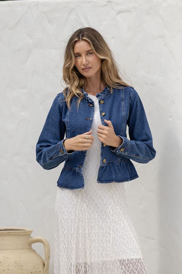 Spencer Denim Ruffle Jacket ~ Dark Blue
