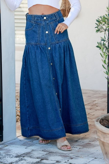 Kentucky Denim Button Front Maxi Skirt Mid Blue