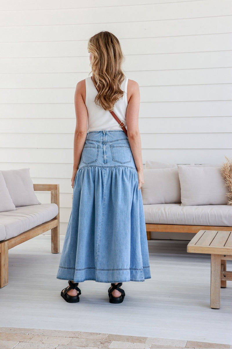 London Denim Button Front Maxi Skirt Light Blue