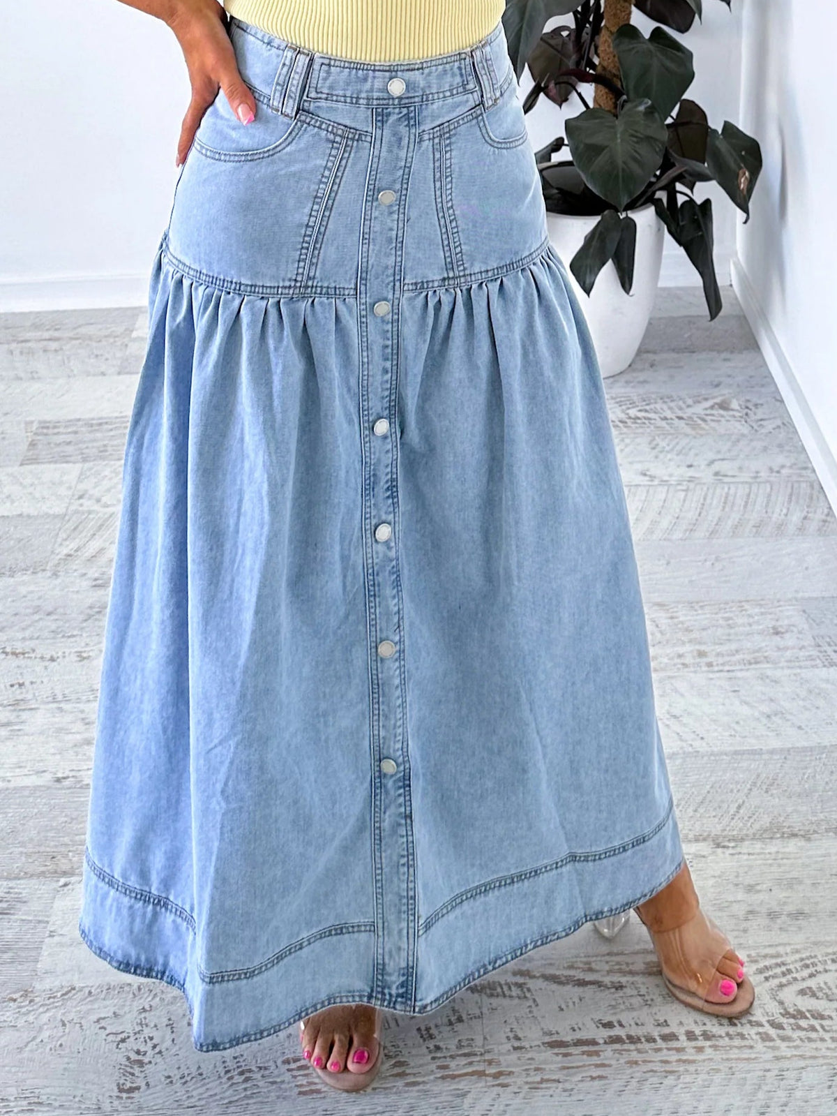 London Denim Button Front Maxi Skirt ~ Light Blue