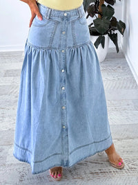 London Denim Button Front Maxi Skirt ~ Light Blue