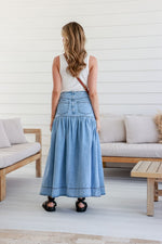 London Denim Button Front Maxi Skirt Light Blue