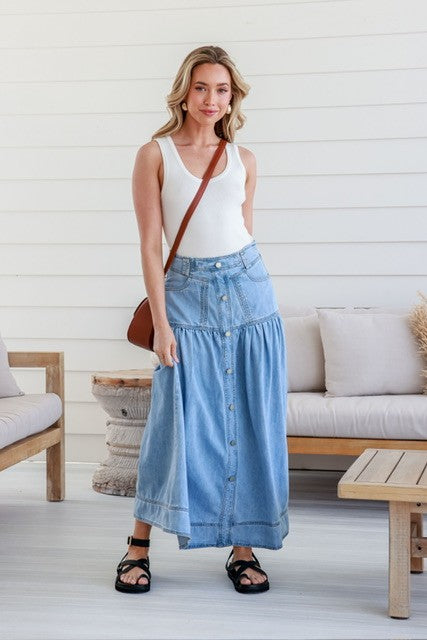 London Denim Button Front Maxi Skirt Light Blue