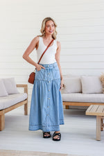 London Denim Button Front Maxi Skirt Light Blue