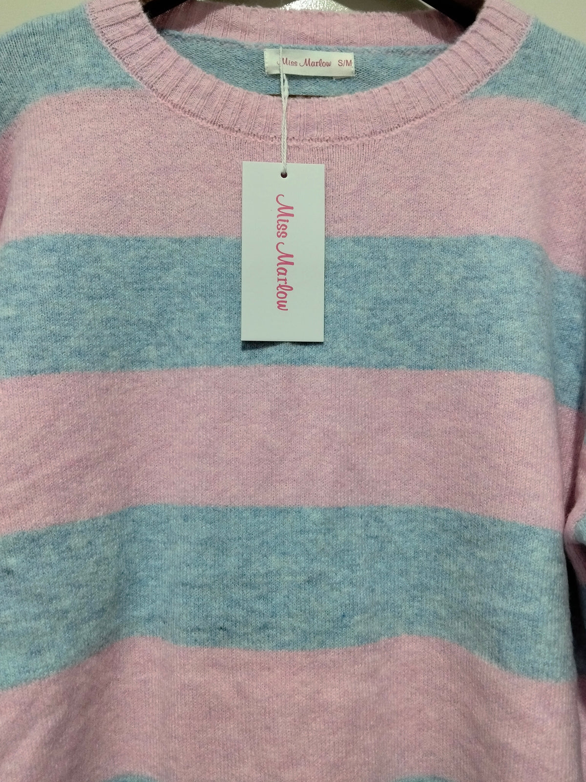 Brady Bunch Stripe Knit blue pink – close-up of knit texture and blue fleck colour detail