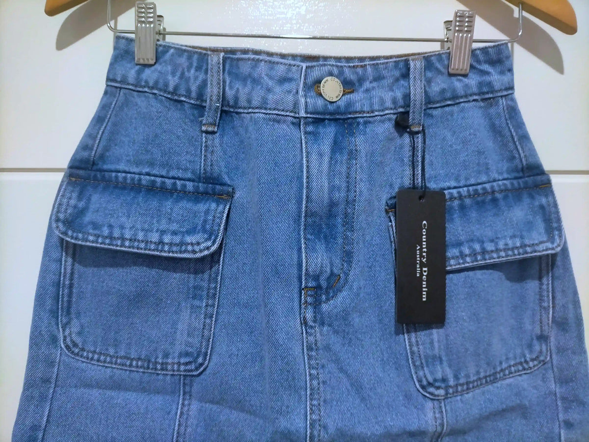 Cowboy Mini Cargo Denim Skirt ~ Mid Blue