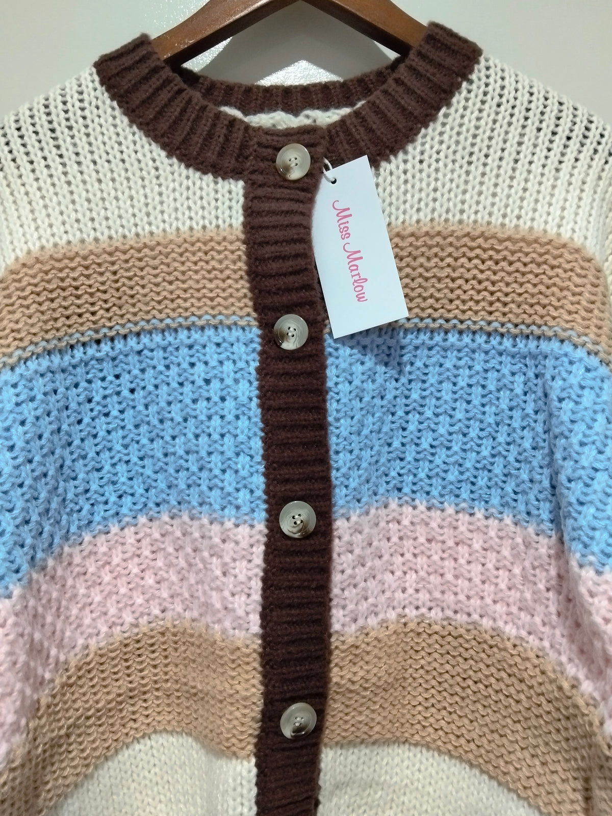 Bastille Chunky Cardi blue stripe – front view showing button-through detail