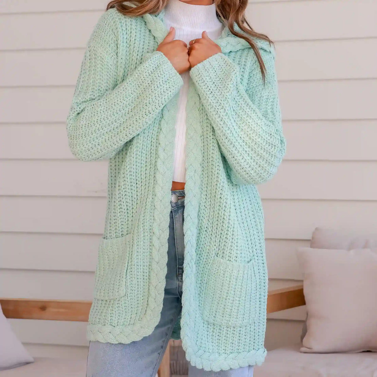 Florence Chunky Plait Pocket Knit Cardigan - Mint
