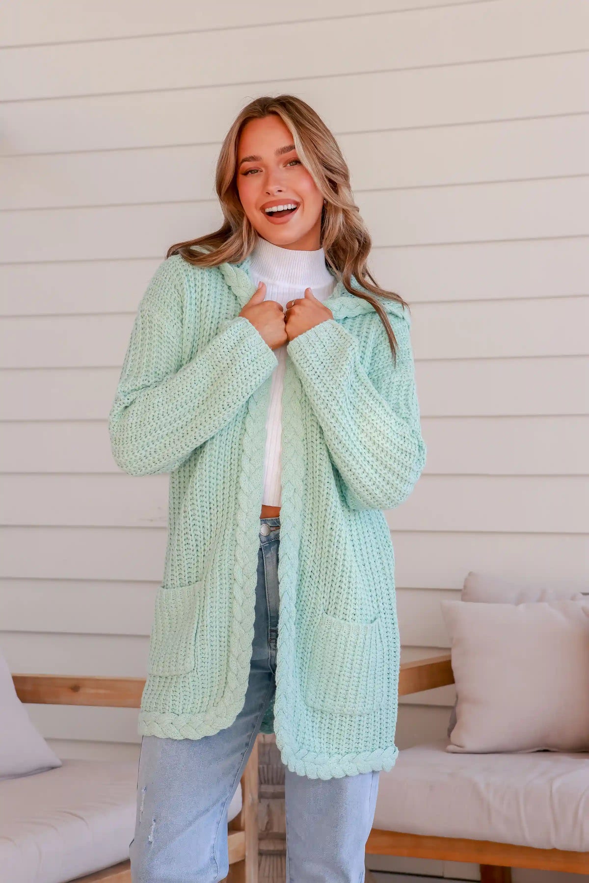 Florence Chunky Plait Pocket Knit Cardigan - Mint