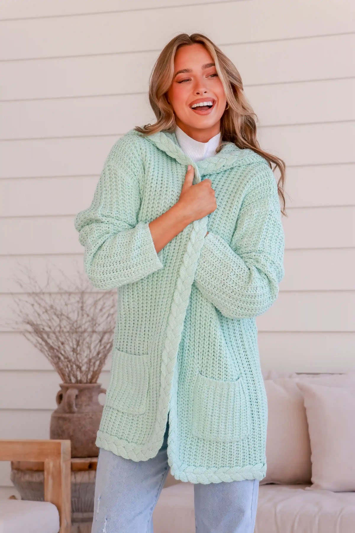 Florence Chunky Plait Pocket Knit Cardigan - Mint
