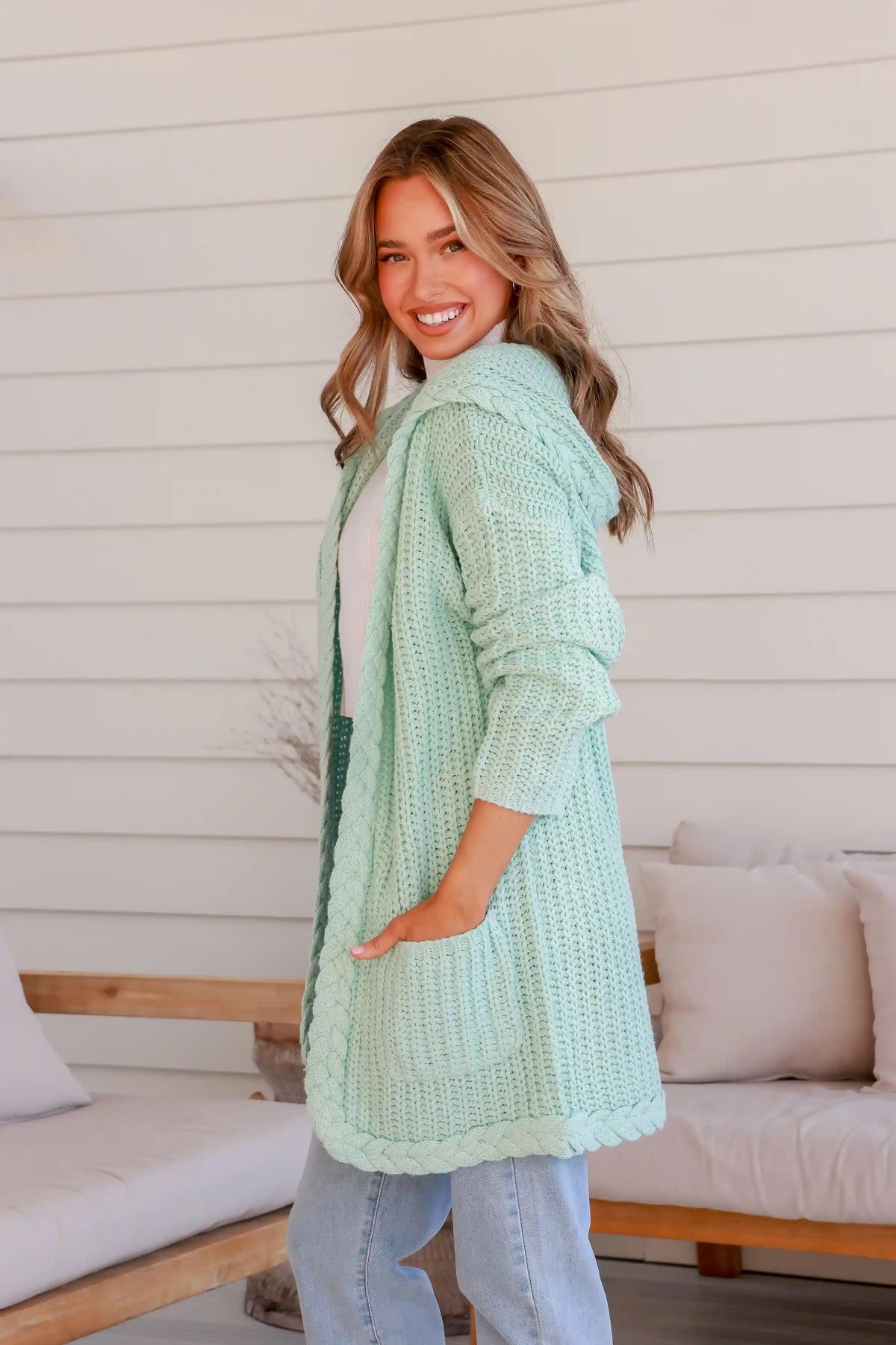 Florence Chunky Plait Pocket Knit Cardigan - Mint