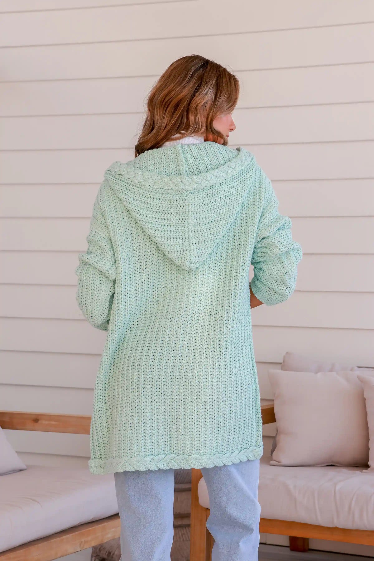 Florence Chunky Plait Pocket Knit Cardigan - Mint