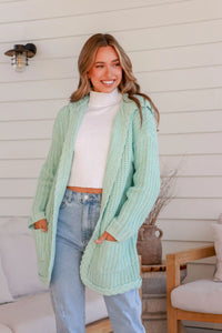 Florence Chunky Plait Pocket Knit Cardigan - Mint