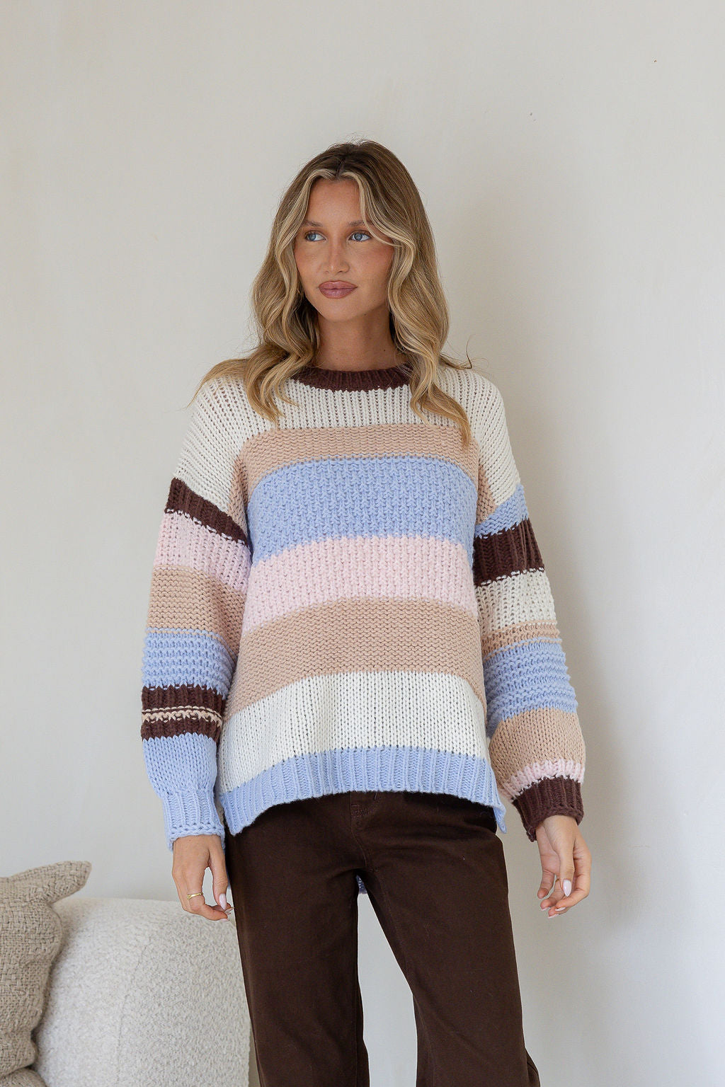 Bastille Chunky Knit Jumper blue stripe – model front view
