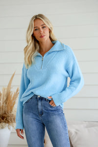Henderson Zip Neck Knit Jumper Baby Blue