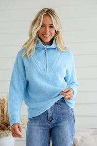 Henderson Zip Neck Knit Jumper Baby Blue