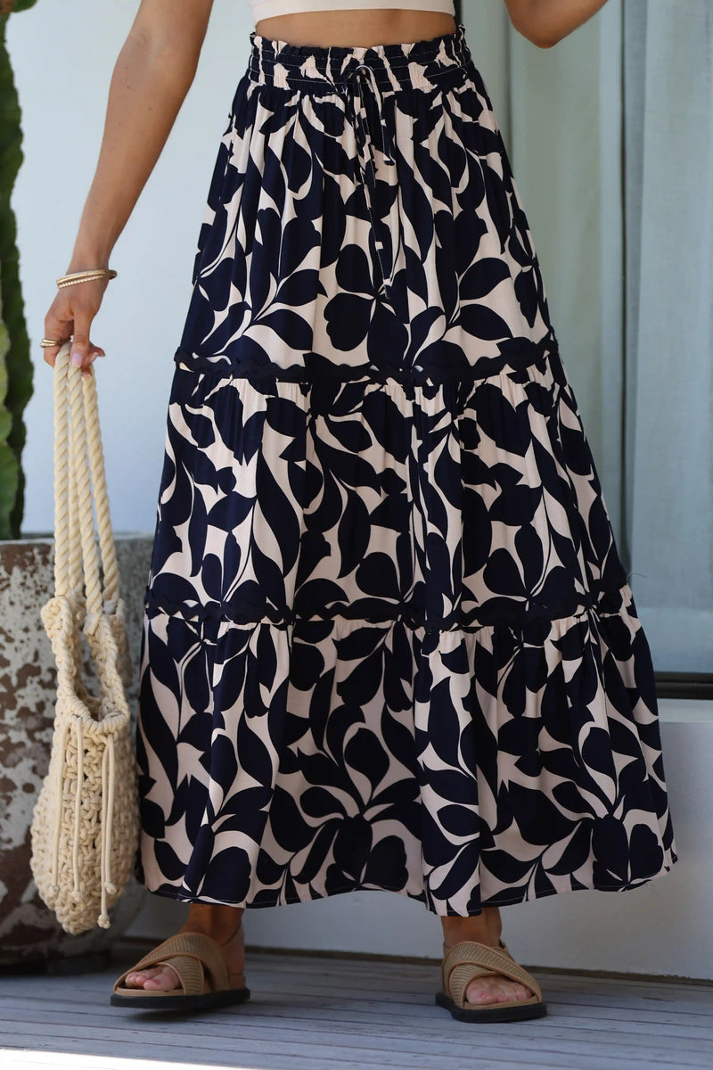 Hollywood Maxi Skirt Navy Vine print
