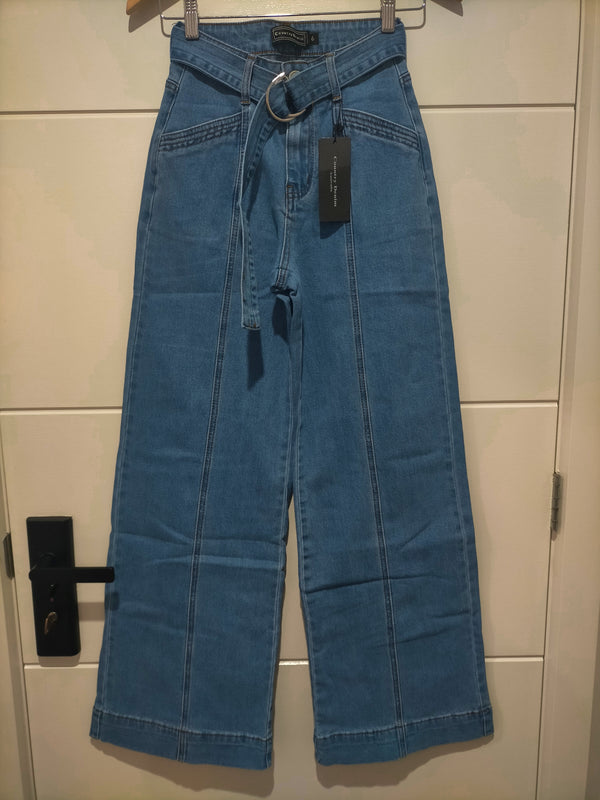 Indiana Stretch Wide Leg Belted Jean ~ Mid Blue