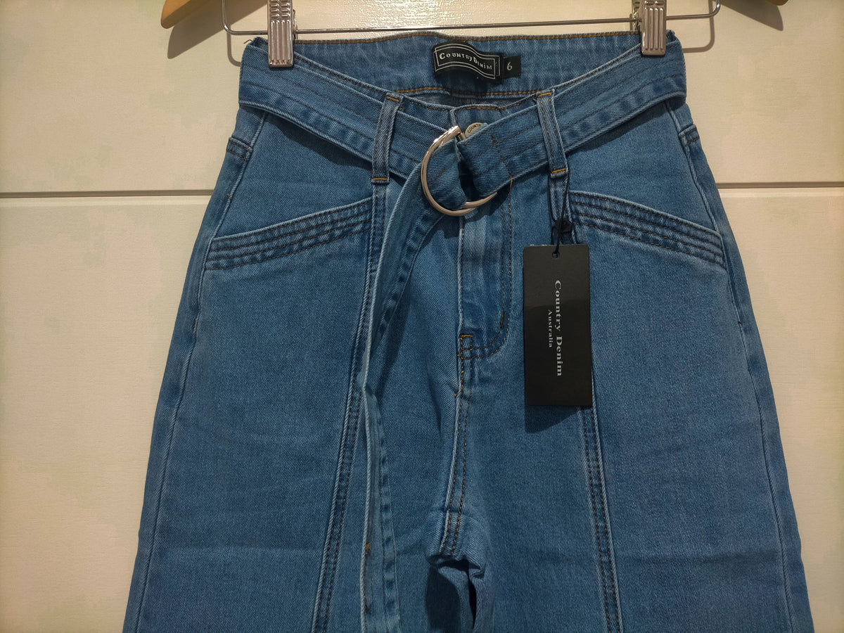 Indiana Stretch Wide Leg Belted Jean ~ Mid Blue