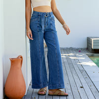 Indiana Stretch Wide Leg Belted Jean ~ Mid Blue