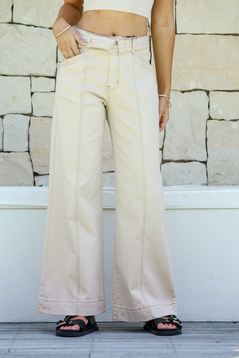 Indiana Stretch Wide Leg Belted Jean - Oatmeal