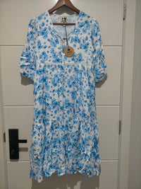 Jaase Monday Midi Dress blue prairie print – flat lay front full length