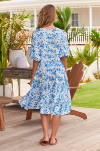 Jaase Monday Midi Dress blue prairie print – model full length back view standing
