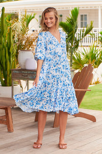 Jaase Monday Midi Dress blue prairie print – model full length front view twirling pose