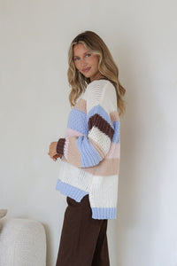 Bastille Chunky Knit Jumper blue stripe – model side pose