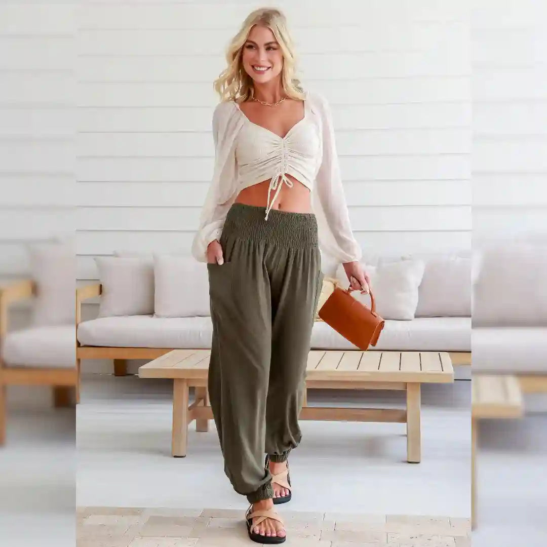 Weekend Linen Harem Pants - Khaki