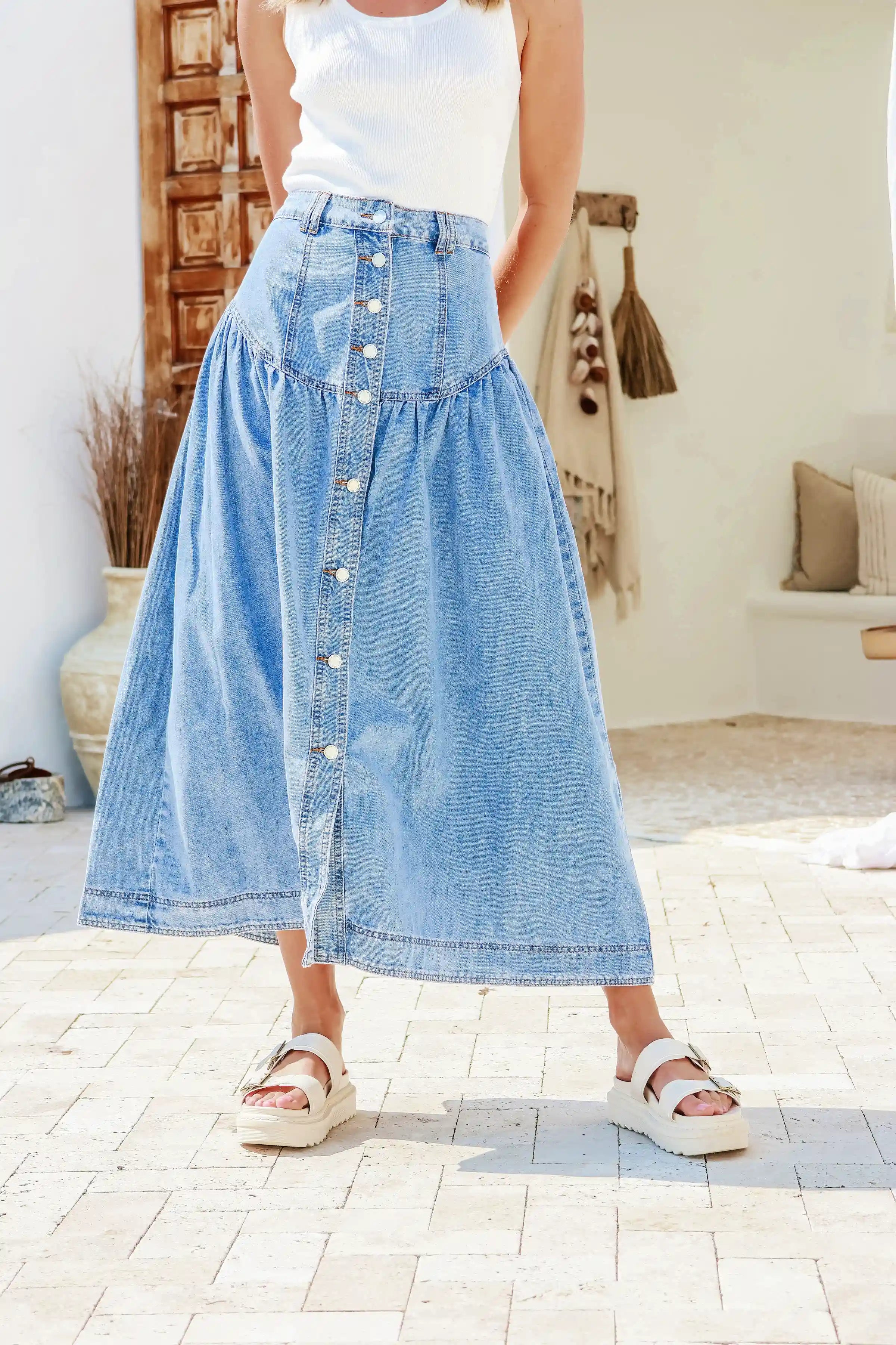 Beckham Chambray Denim Button Front Maxi Skirt Light Blue Kenzie