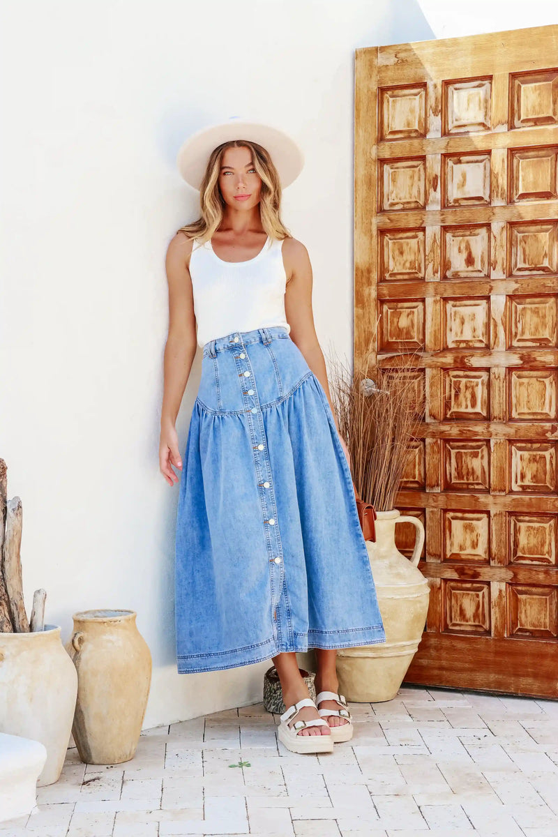 Chambray denim midi sales skirt