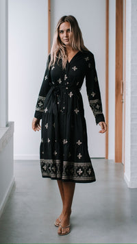 Cairo Midi Dress ~ Black and Beige Print