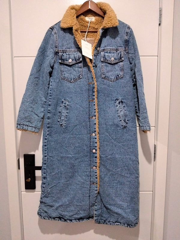 Maison Denim Sherpa Longline Jacket in stonewash blue – front view showing full length