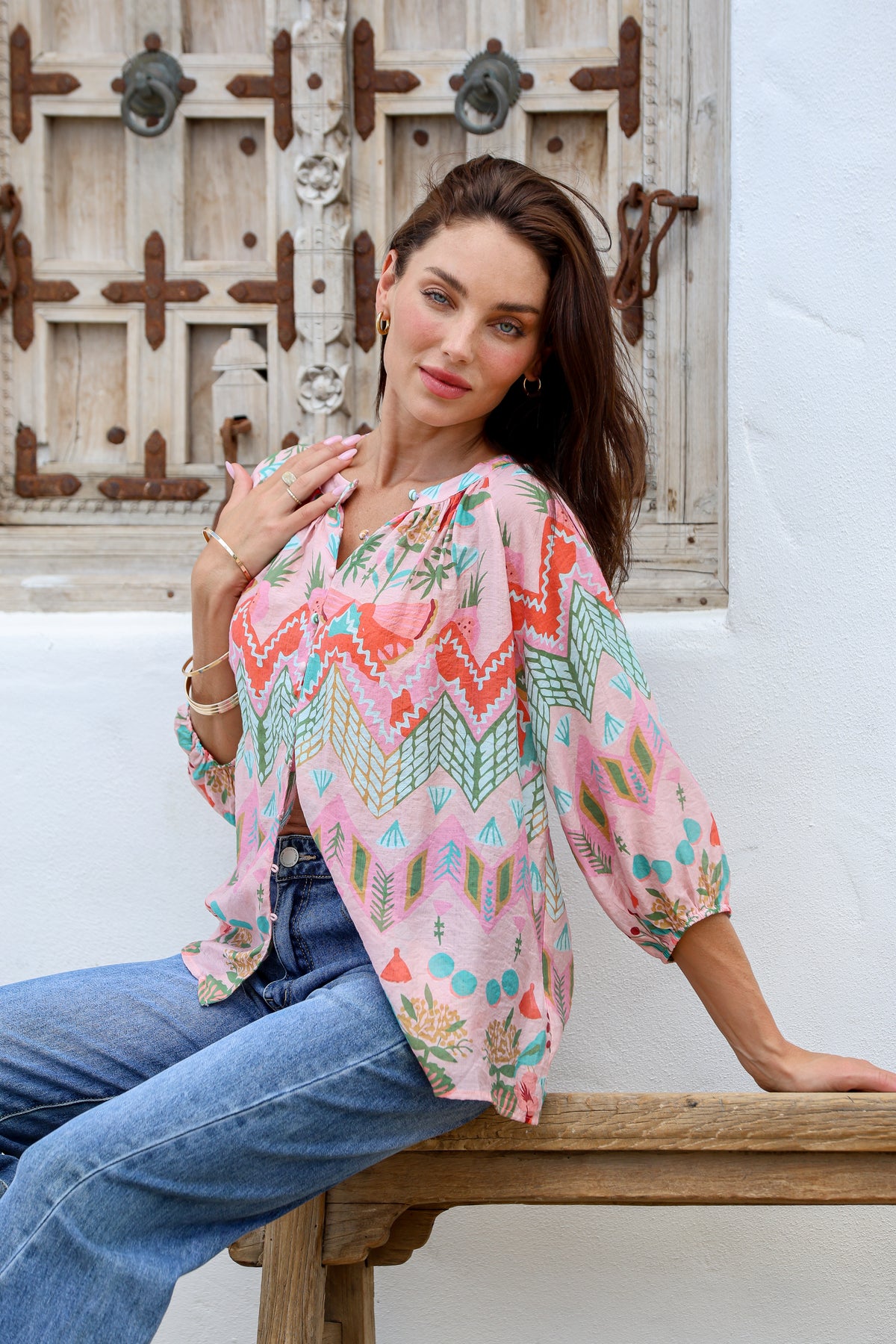 Malta Blouse Top ~ Pink Garden print