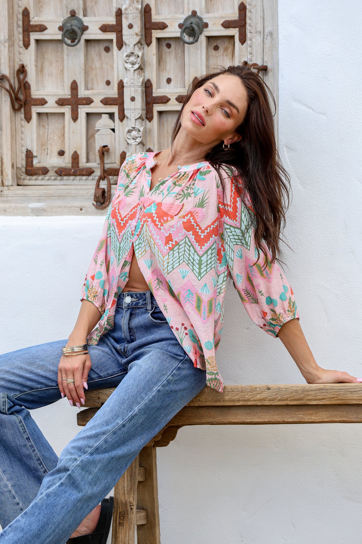 Malta Blouse Top ~ Pink Garden print