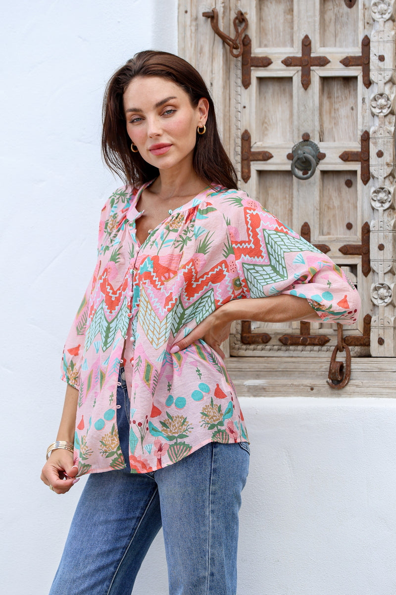 Malta Blouse Top - Pink Garden print