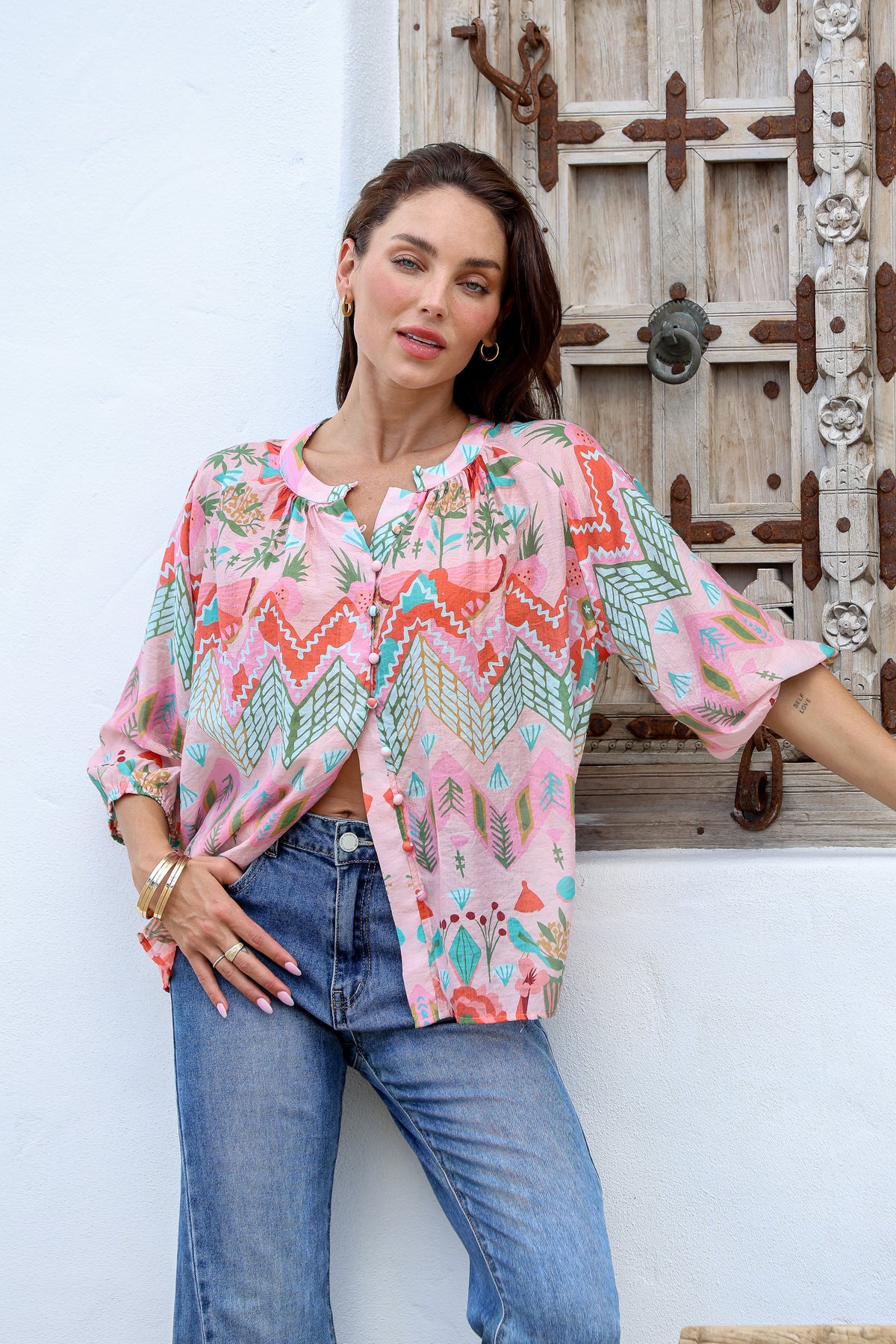 Malta Blouse Top ~ Pink Garden print