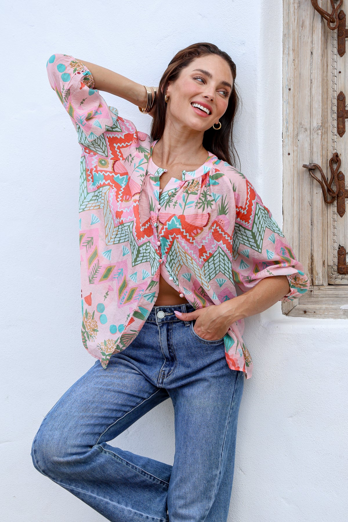 Malta Blouse Top ~ Pink Garden print