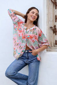 Malta Blouse Top ~ Pink Garden print