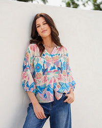 Malta Blouse Top ~ White Garden print