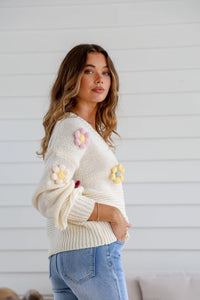 Mayfair Flower Knit Cardigan - Creamy Winter White