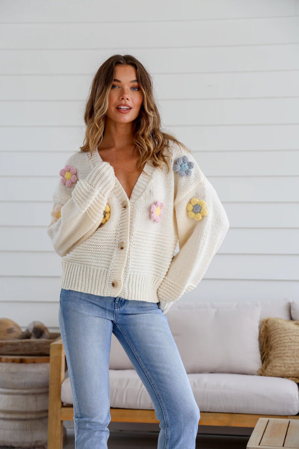 Mayfair Flower Knit Cardigan - Creamy Winter White