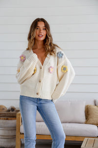 Mayfair Flower Knit Cardigan - Creamy Winter White