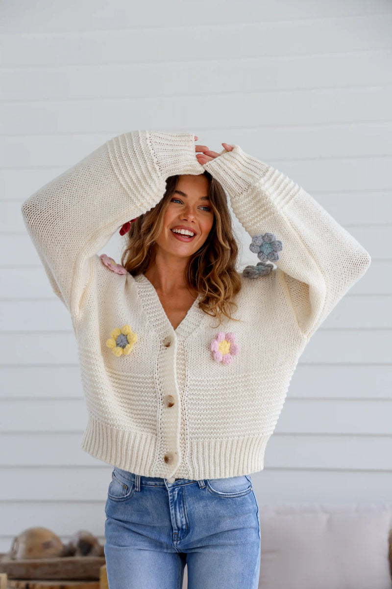 Mayfair Flower Knit Cardigan - Creamy Winter White